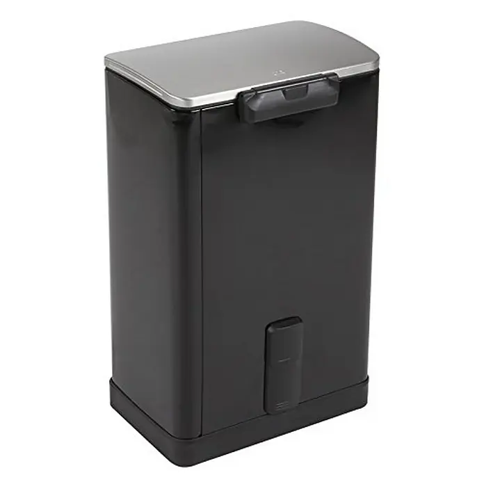 Proregal Treteimer Stilvoller rechteckiger Treteimer mit extra breitem Pedal - 40 l, Edelstahl, Schwarz, Deckel Edelstahl - Ein schwarzer, rechteckiger Abfalleimer mit einem silbernen Deckel und einem Tragegriff zur einfachen Handhabung im Haushalt.