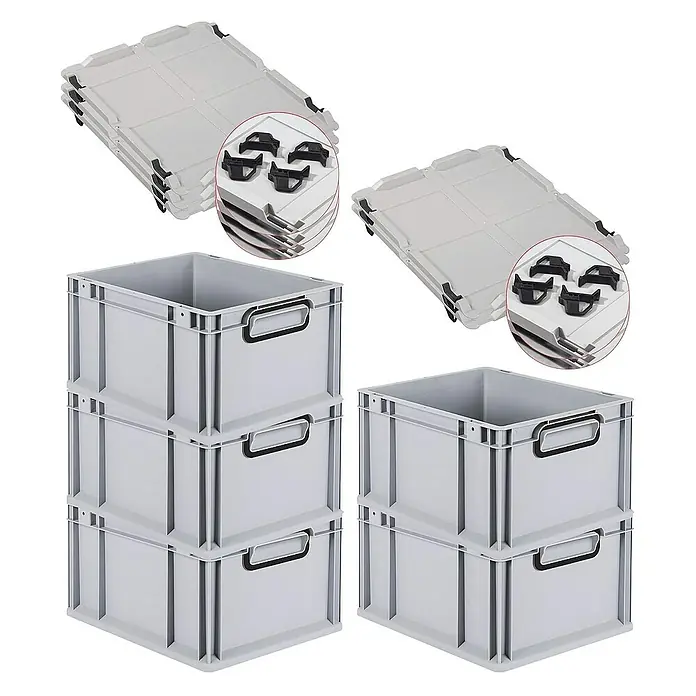 Proregal Euroboxen-Set 5x Eurobox NextGen Color mit Auflagedeckel und Schiebeschnappverschlüsse - L x B x H: 40 x 30 x 22 cm, Kunststoff, Grau, Schwarz, 5 Stk. - Graue Euroboxen mit Deckel, stapelbar, ideal für Lagerung und Transport. Robuste Kunststoffkonstruktion mit praktischen Griffen.