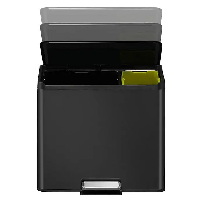 Proregal Treteimer - 29 l, Edelstahl, Schwarz - Ein schwarzer Doppelfach-Treteimer mit offenem Deckel und zwei Fächern zur Mülltrennung.