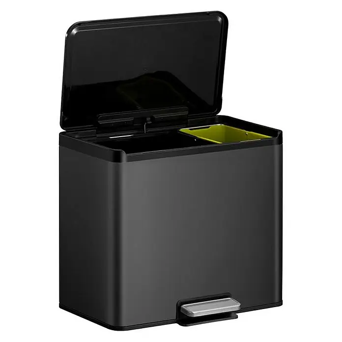 Proregal Treteimer - 29 l, Edelstahl, Schwarz - Ein offener, schwarzer Abfalleimer mit zwei Fächern, ideal für Mülltrennung und ausgestattet mit einem praktischen Fußpedal zur einfachen Bedienung.