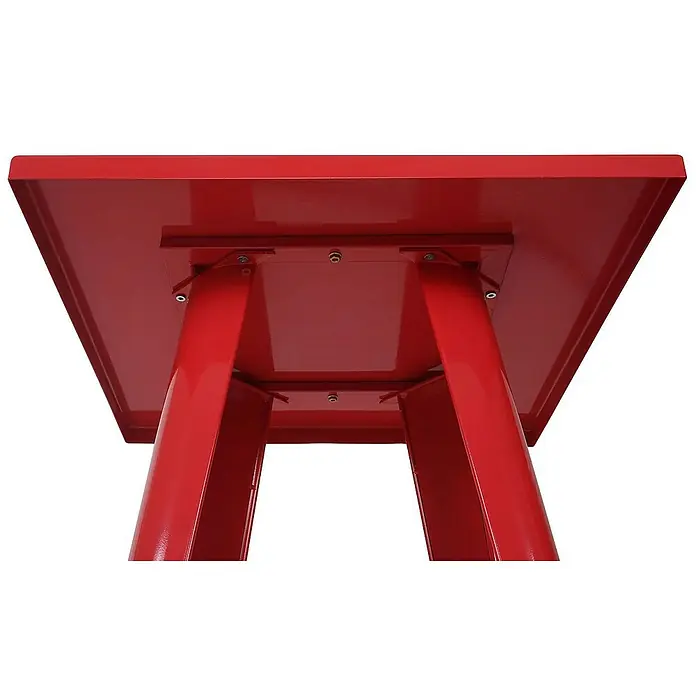 Chefgastro Garten-Stehtisch mit Metall-Tischplatte - Eckig, Rot - Blick von unten auf einen roten Stehtisch mit quadratischer Platte und zwei Säulenbeinen.