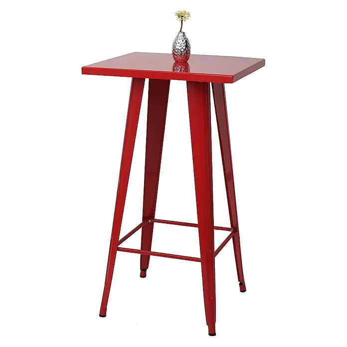 Chefgastro Garten-Stehtisch mit Metall-Tischplatte - Eckig, Rot - Roter Stehtisch mit quadratischer Tischplatte und einem kleinen silbernen Blumenarrangement für eine stilvolle Atmosphäre.