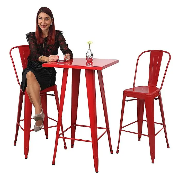 Chefgastro Garten-Stehtisch mit Metall-Tischplatte - Eckig, Rot - Rotes Bistro-Set mit quadratischem Tisch und zwei Stühlen, ideal für stilvolle Pausen und gesellige Stunden.