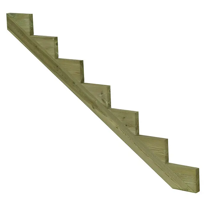 Plus Treppenwange 7-stufig - 175 x 4 x 119 cm - Detailaufnahme einer Holztreppe mit sechs Stufen. Ideal für den Bau einer Terrasse oder Gartenanlage. Langlebiges Material garantiert.