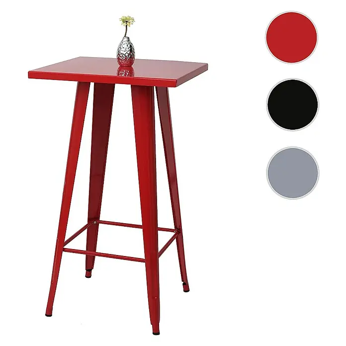 Chefgastro Garten-Stehtisch mit Metall-Tischplatte - Eckig, Rot - Roter quadratischer Stehtisch aus Metall mit einer kleinen Vase auf der Tischplatte. Auswahl an Farben ist sichtbar.