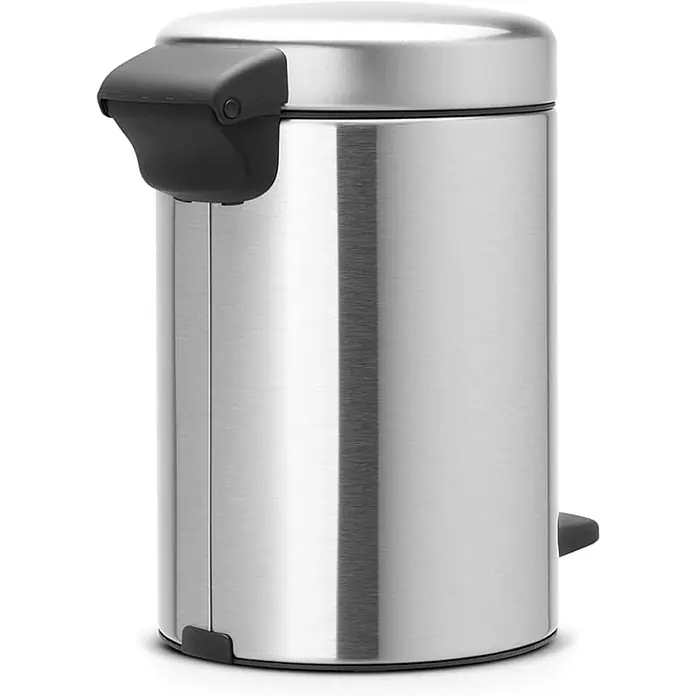 Proregal Treteimer Brabantia Klassischer Tretmülleimer mit Soft-Verschluss - 3 l, Metall, Edelstahl Matt - Abbildung eines Pedal-Mülleimers aus Edelstahl mit schwarzem Deckel und Pedal. Der Mülleimer ist zylindrisch und hat eine gebürstete Oberfläche.