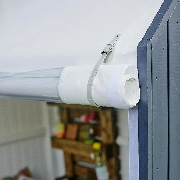 Plus Gewächshaus - Außenmaß inkl. Dachüberstand (B x T): 203 x 123 cm, 15 mm, Natur - Detailaufnahme einer aufgerollten, weißen Markise, befestigt mit einem grauen Gurt und Schnalle an einer blau gestrichenen Holzstruktur.