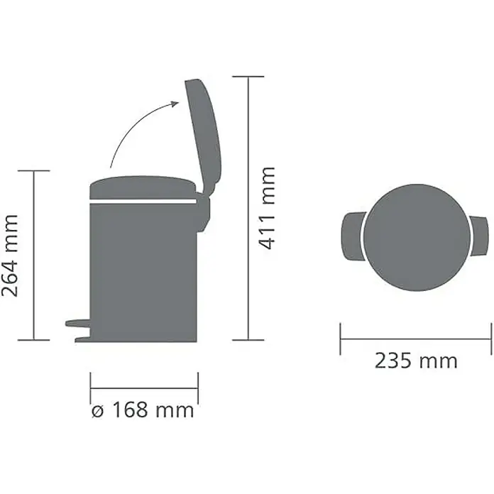 Proregal Treteimer Brabantia Klassischer Tretmülleimer mit Soft-Verschluss - 3 l, Metall, Edelstahl Matt - Darstellung eines Abfallbehälters mit Pedal und seinen Abmessungen in Millimetern.
