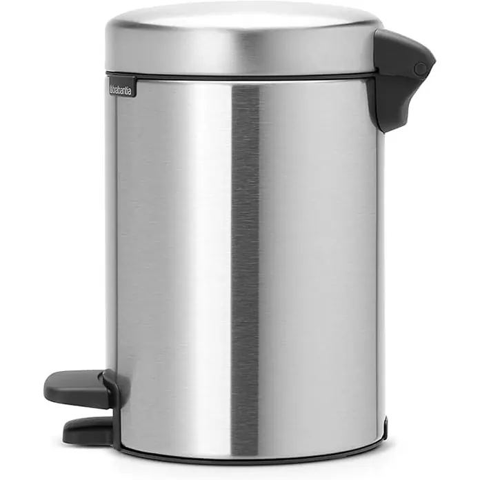 Proregal Treteimer Brabantia Klassischer Tretmülleimer mit Soft-Verschluss - 3 l, Metall, Edelstahl Matt - Ein silberfarbener, runder Brabantia-Treteimer aus Metall mit schwarzem Pedal und Deckel-Griff. Perfekt für Bad oder Küche.