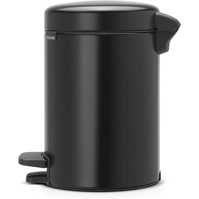 Proregal Treteimer Brabantia Klassischer Tretmülleimer mit Soft-Verschluss - 3 l, Metall, Metallik Schwarz - Ein schwarzer Treteimer von Brabantia, ideal für Bad oder WC, bietet Stil und Funktionalität mit seinem Pedalmechanismus.