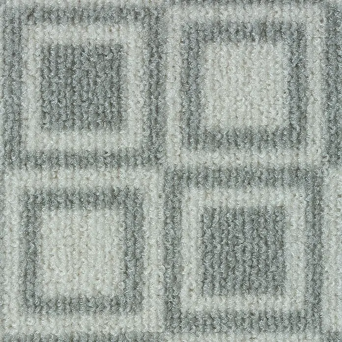 Teppichläufer Bray - Grau, 150 x 80 cm, 100 % Polyamid - Detailaufnahme eines grauen Teppichs mit einem geometrischen Muster aus Quadraten und Linien für ein modernes, stilvolles Ambiente.