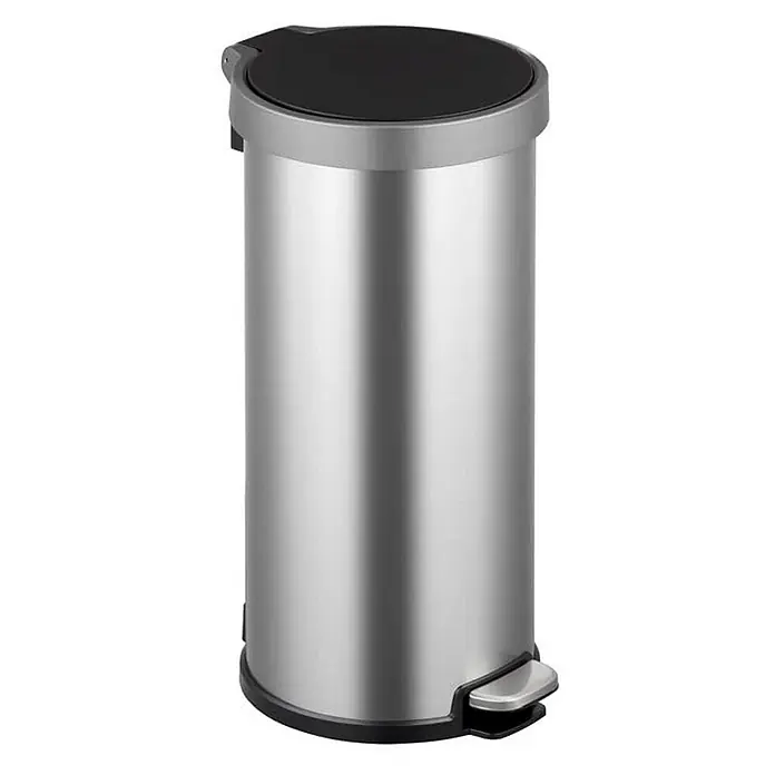 Proregal Treteimer Treteimer aus mattem Edelstahl - 35 l, Edelstahl, Silber - Ein silberner, zylindrischer Treteimer mit schwarzem Deckel und Fußpedal, ideal für Küche oder Bad. Das schlanke Design fügt sich nahtlos in jeden Raum ein.
