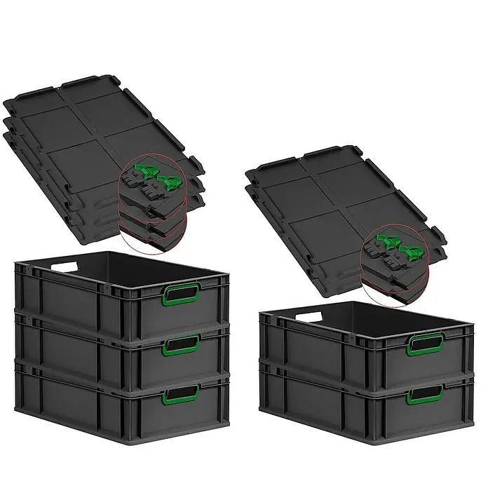 SuperSparSet 5x Eurobox NextGen Color mit Scharnierdeckel und Schiebeschnappverschlüssen | HxBxT 17x40x60cm | 34 Liter | Schwarz | Griffe grün offen | Eurobehälter, Transportbox, Transportbehälter, Stapelbehälter -  - Stapelbare, faltbare Kunststoffkisten mit grünen Griffen und dazu passende Deckel.