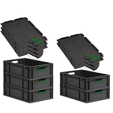 SuperSparSet 5x Eurobox NextGen Color mit Scharnierdeckel und Schiebeschnappverschlüssen | HxBxT 17x40x60cm | 34 Liter | Schwarz | Griffe grün offen | Eurobehälter, Transportbox, Transportbehälter, Stapelbehälter