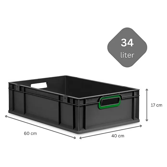 SuperSparSet 5x Eurobox NextGen Color mit Scharnierdeckel und Schiebeschnappverschlüssen | HxBxT 17x40x60cm | 34 Liter | Schwarz | Griffe grün offen | Eurobehälter, Transportbox, Transportbehälter, Stapelbehälter -  - Abbildung einer grauen Kunststoffbox mit den Maßen 60 x 40 x 17 cm und einem Fassungsvermögen von 34 Litern.