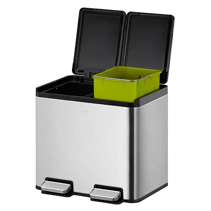 Proregal Treteimer - 30 l, Edelstahl, Silber - Doppelfach-Abfalleimer aus Edelstahl mit zwei Fächern und separaten Tretpedalen für bequeme Mülltrennung.