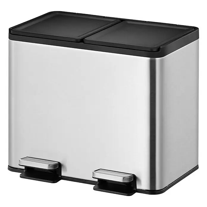 Proregal Treteimer - 30 l, Edelstahl, Silber - Bild eines rechteckigen, silberfarbenen, doppeltem Abfalltrenneimer mit schwarzen Deckeln und Fußpedalen.