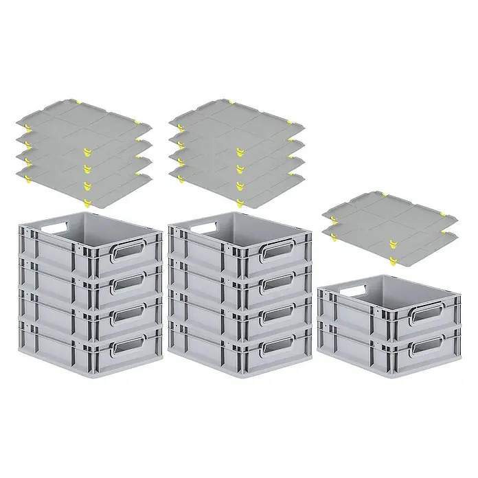 Proregal Euroboxen-Set 10x Eurobox NextGen Grip mit Auflagedeckel inkl. 4 gelben Verschlüssen - L x B x H: 40 x 30 x 12 cm, Kunststoff, Grau, 10 Stk. - Graue Kunststoffbehälter und Deckel in verschiedenen Stapeln, ideal für Lagerung und Transport.