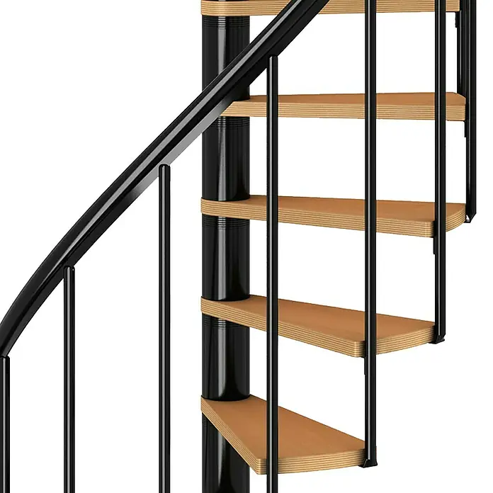 Dolle Spindeltreppe Calgary - Durchmesser: 120 cm, Anthrazit, Farbe Stufen: Buche Natur, Geschosshöhe: 244,8 cm - 280,8 cm - Detailaufnahme einer Wendeltreppe mit Holzstufen und einem schwarzen Metallgeländer, die ein modernes und offenes Design zeigt.