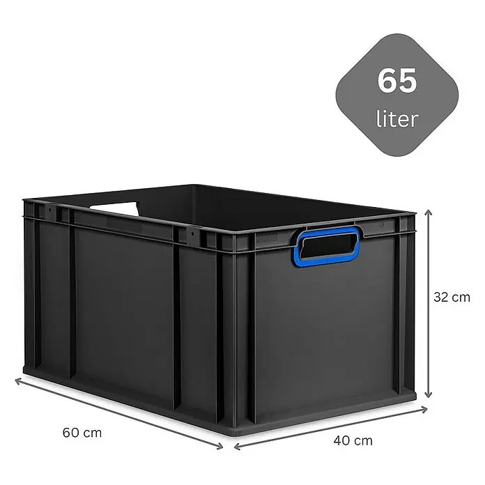 Proregal Euroboxen-Set 10x Eurobox NextGen Color - L x B x H: 60 x 40 x 32 cm, Kunststoff, Schwarz, Blau, 10 Stk. - Schwarze Kunststoffbox mit blauem Griff, ideal für Lagerung und Transport, mit den Maßen 60x40x32 cm und einem Volumen von 65 Litern.