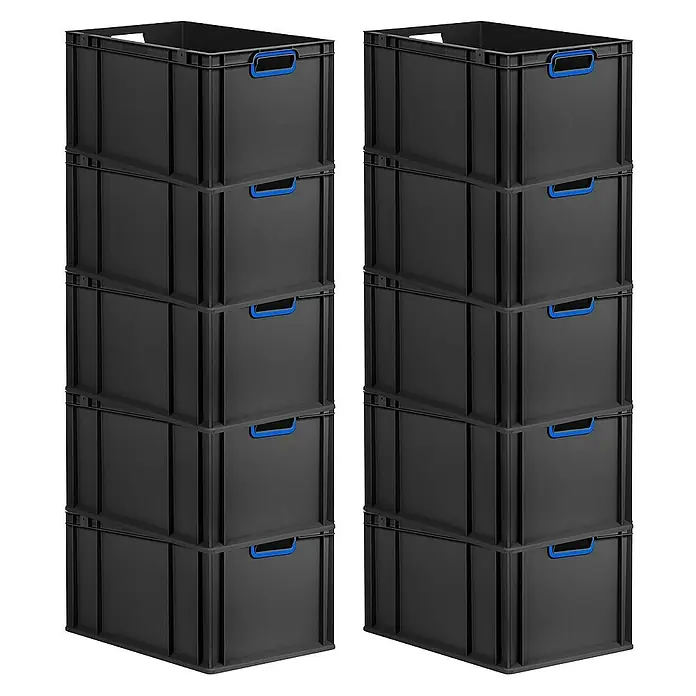 Proregal Euroboxen-Set 10x Eurobox NextGen Color - L x B x H: 60 x 40 x 32 cm, Kunststoff, Schwarz, Blau, 10 Stk. - Bild von zwei Stapeln schwarzer Aufbewahrungsboxen mit blauen Griffen, ideal für die Organisation im Haushalt.
