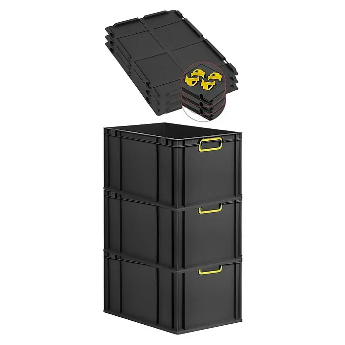 Proregal Euroboxen-Set 3x Eurobox NextGen Color mit Auflagedeckel und Schiebeschnappverschlüsse - L x B x H: 60 x 40 x 32 cm, Kunststoff, Schwarz, Gelb, 3 Stk. - Schwarze Kunststoffboxen mit gelben Griffen, gestapelt und ungestapelt, ideal für Lagerung und Organisation.
