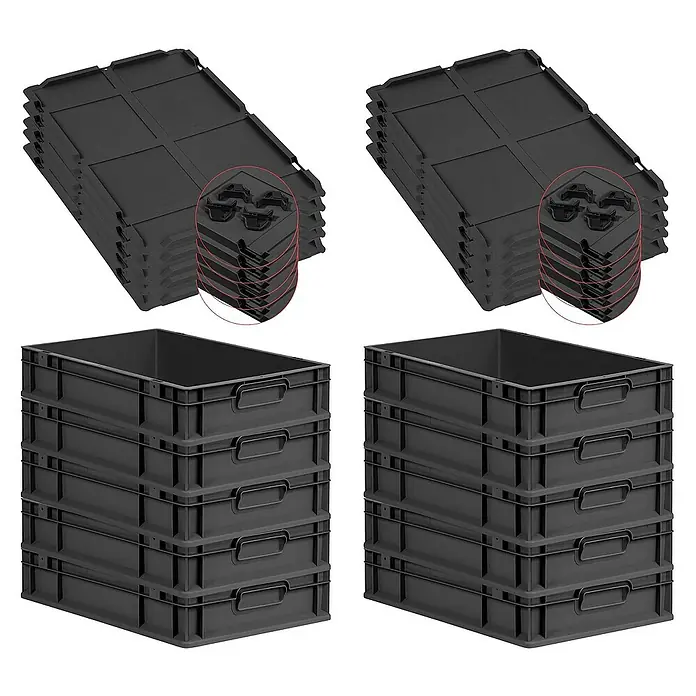 SparSet 10x Eurobox NextGen Grip mit Auflagedeckel inkl. 4 schwarzen Schiebeschnappverschlüssen | HxBxT 12x40x60cm | 23 Liter | Schwarz | Griffe geschlossen | Eurobehälter, Transportbox, Transportbehälter, Stapelbehälter -  - Stapelbare, schwarze Eurobehälter und passende Deckel, ideal für Lagerung und Transport. Robuste Bauweise für vielfältige Einsatzbereiche.