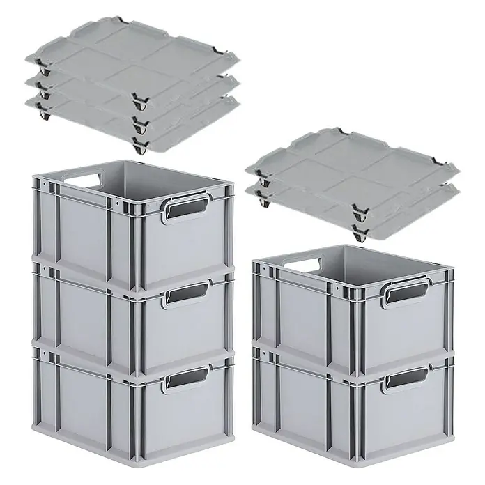 Proregal Euroboxen-Set 5x Eurobox NextGen Grip mit Auflagedeckel inkl. 4 schwarzen Verschlüssen - L x B x H: 40 x 30 x 22 cm, Kunststoff, Grau, 5 Stk. - Graue Kunststoffboxen und passende Rollbretter, ideal für Lagerung und Transport. Praktisches Set für Ordnung und Flexibilität.