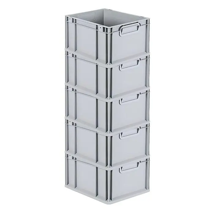 Proregal Euroboxen-Set 5x Eurobox NextGen Economy mit Scharnierdeckel und schwarzen Verschlüssen - L x B x H: 40 x 30 x 22 cm, Kunststoff, Grau, 5 Stk. - Stapel aus fünf grauen Kunststoffbehältern, die ideal für Lagerung und Organisation sind. Jeder Behälter hat praktische Griffe.