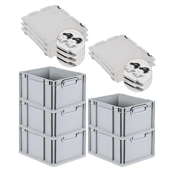 Proregal Euroboxen-Set 5x Eurobox NextGen Economy mit Scharnierdeckel und schwarzen Verschlüssen - L x B x H: 40 x 30 x 22 cm, Kunststoff, Grau, 5 Stk. - Bild von grauen Lagerboxen mit Deckeln, die eine praktische und effiziente Lösung für die Lagerung und Organisation bieten.