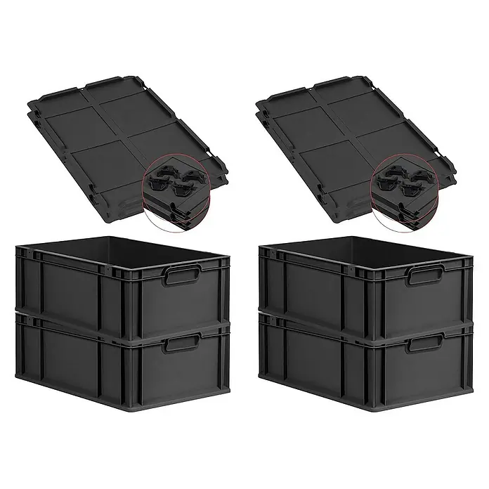 Proregal Euroboxen-Set 4x Eurobox NextGen Grip mit Auflagedeckel inkl. 4 schwarzen Verschlüssen - L x B x H: 60 x 40 x 22 cm, Kunststoff, Schwarz, 4 Stk. - Dunkelgraue Eurobehälter und Deckel, ideal für Lagerung und Transport. Die Boxen sind stapelbar und robust.