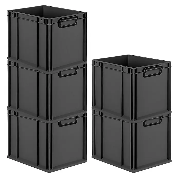 Proregal Euroboxen-Set 5x Eurobox NextGen Color - Kunststoff, Schwarz, Schwarz, 5 Stk. - Drei graue Aufbewahrungsboxen sind aufeinander gestapelt, daneben zwei gestapelte graue Aufbewahrungsboxen.