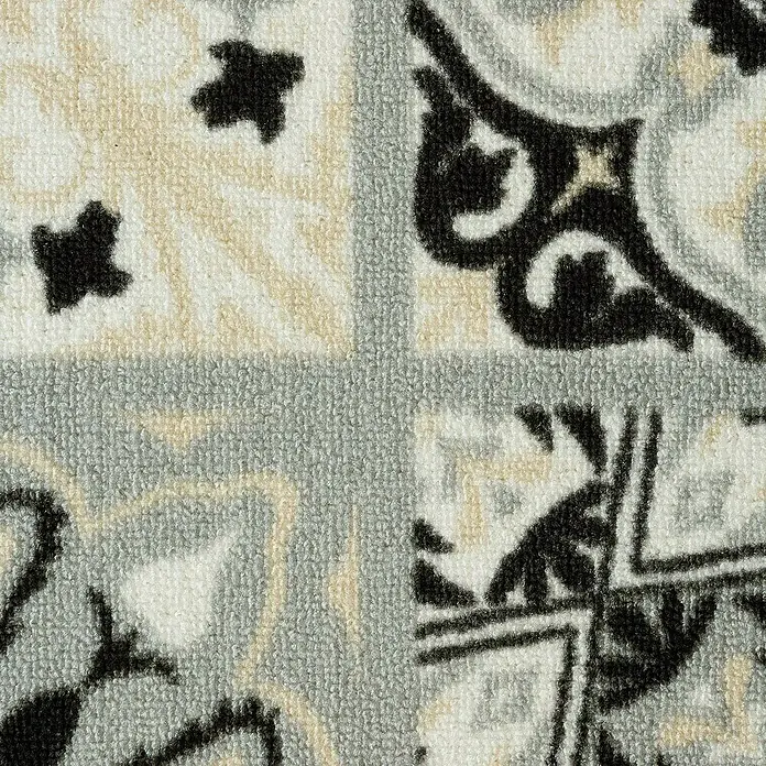 Teppichläufer Dublin - Grau/Beige, 150 x 80 cm, 100 % Polyamid - Nahaufnahme eines Teppichs mit einem Muster aus Quadraten in Weiß, Grau und Schwarz, das ein traditionelles Fliesendesign imitiert.