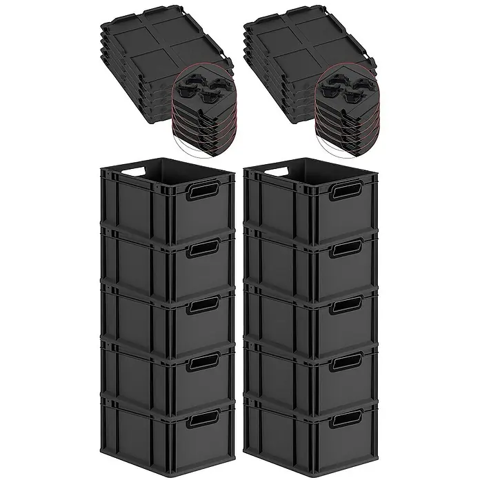 SparSet 10x Eurobox NextGen Color mit Auflagedeckel und Schiebeschnappverschlüsse | HxBxT 22x30x40cm | 20 Liter | Schwarz | Griffe schwarz offen | Glatter Boden | Eurobehälter, Transportbox, Transportbehälter, Stapelbehälter -  - Abbildung von zwei Stapeln schwarzer Kunststoffkisten und Deckeln, ideal für Lagerung und Organisation.