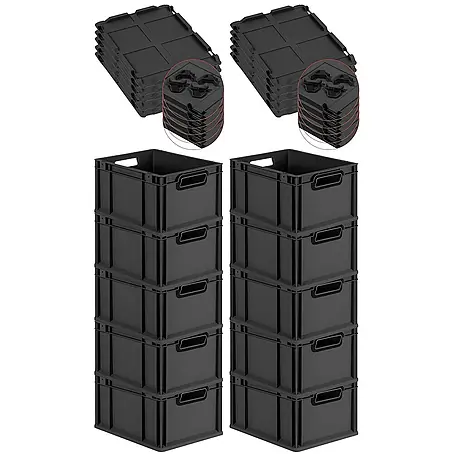 SparSet 10x Eurobox NextGen Color mit Auflagedeckel und Schiebeschnappverschlüsse | HxBxT 22x30x40cm | 20 Liter | Schwarz | Griffe schwarz offen | Glatter Boden | Eurobehälter, Transportbox, Transportbehälter, Stapelbehälter