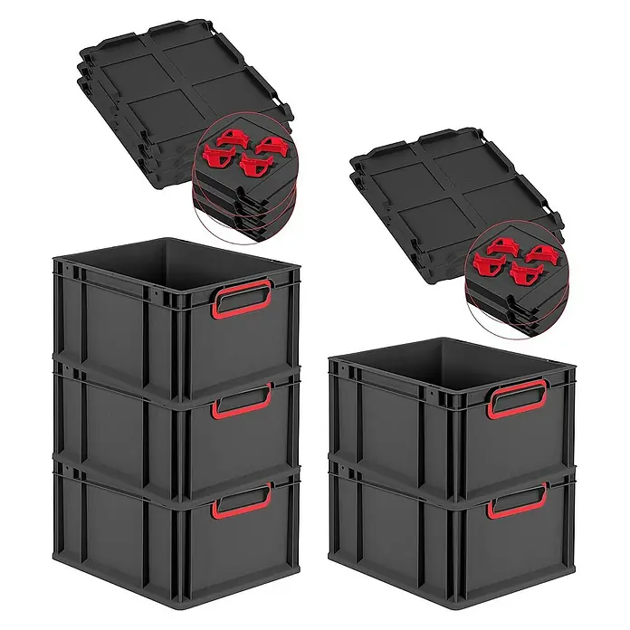 Proregal Euroboxen-Set 5x Eurobox NextGen Color mit Auflagedeckel und Schiebeschnappverschlüsse - L x B x H: 40 x 30 x 22 cm, Kunststoff, Schwarz, Rot, 5 Stk. - Abbildung von grauen Lagerboxen mit roten Griffen und Deckeln, ideal für die Organisation.