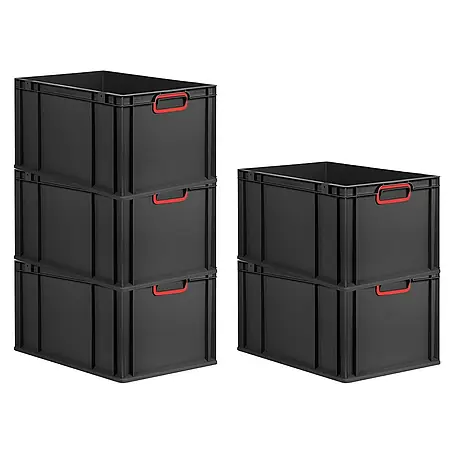 SparSet 5x Eurobox NextGen Color | HxBxT 32x40x60cm | 65 Liter | Griffe rot geschlossen | Verstärkter Boden | Schwarz | Eurobehälter, Transportbox, Transportbehälter, Stapelbehälter