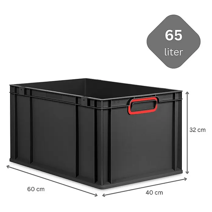 SparSet 5x Eurobox NextGen Color | HxBxT 32x40x60cm | 65 Liter | Griffe rot geschlossen | Verstärkter Boden | Schwarz | Eurobehälter, Transportbox, Transportbehälter, Stapelbehälter -  - Schwarze Kunststoffbox mit den Maßen 60 x 40 x 32 cm und einem Volumen von 65 Litern. Ideal für Lagerung und Transport.