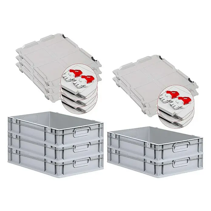 Proregal Euroboxen-Set 5x Eurobox NextGen Economy mit Scharnierdeckel und roten Verschlüssen - L x B x H: 60 x 40 x 12 cm, Kunststoff, Grau, 5 Stk. - Stapelbare Kunststoffbehälter und Deckel mit roten Verschlüssen, ideal für Lagerung und Transport.