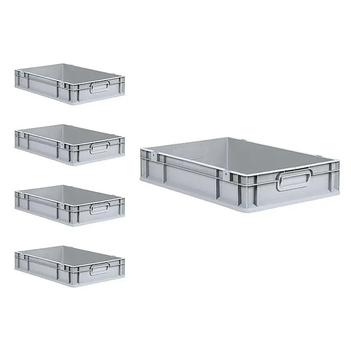 Proregal Euroboxen-Set 5x Eurobox NextGen Economy mit Scharnierdeckel und roten Verschlüssen - L x B x H: 60 x 40 x 12 cm, Kunststoff, Grau, 5 Stk. - Das Bild zeigt eine Auswahl an grauen Lagerbehältern aus Kunststoff, die sich ideal für die Organisation und Lagerung eignen.