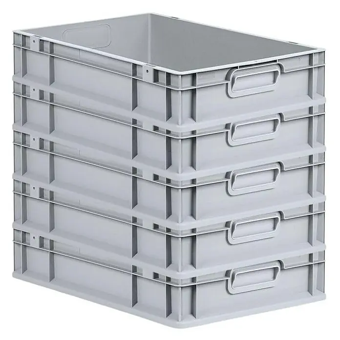 Proregal Euroboxen-Set 5x Eurobox NextGen Economy mit Scharnierdeckel und roten Verschlüssen - L x B x H: 60 x 40 x 12 cm, Kunststoff, Grau, 5 Stk. - Gestapelte graue Eurobehälter aus Kunststoff mit Griffen. Ideal für Lagerung und Transport.