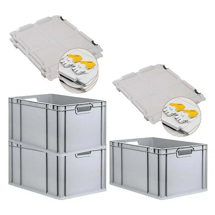 Proregal Euroboxen-Set 3x Eurobox NextGen Economy mit Scharnierdeckel und gelben Verschlüssen - L x B x H: 60 x 40 x 32 cm, Kunststoff, Grau, 3 Stk. - Graue Kunststoffboxen mit Deckeln, ideal für Lagerung und Transport. Robuste Behälter für vielfältige Anwendungen.