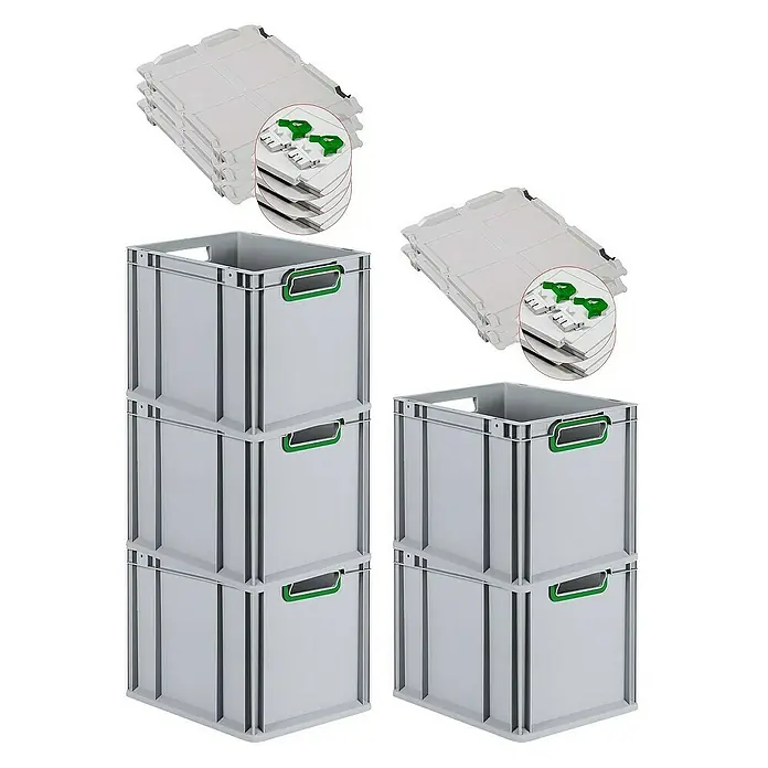 Proregal Euroboxen-Set 5x Eurobox NextGen Color mit Scharnierdeckel und Verschlüssen - L x B x H: 40 x 30 x 32 cm, Kunststoff, Grau, Grün, 5 Stk. - Graue Euroboxen mit grünen Griffen und passenden Deckeln, gestapelt und bereit für den Transport.