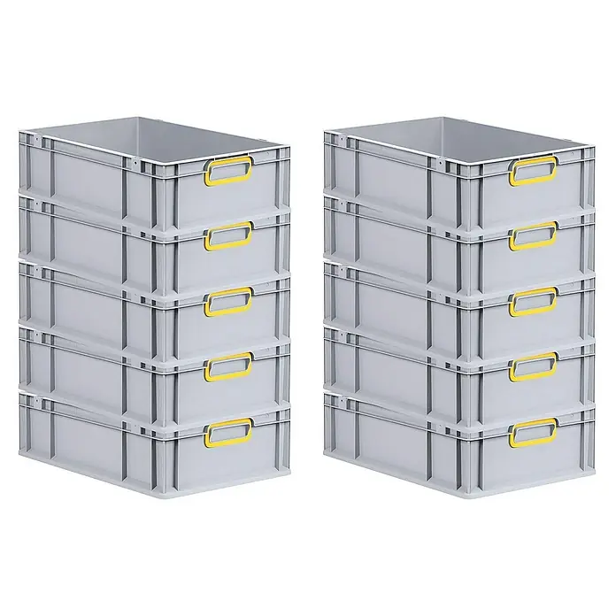 Proregal Euroboxen-Set 10x Eurobox NextGen Color - L x B x H: 60 x 40 x 17 cm, Kunststoff, Grau, Gelb, 10 Stk. - Zwei Stapel grauer Lagerboxen mit gelben Griffen.