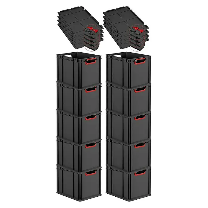 Proregal Euroboxen-Set 10x Eurobox NextGen Color mit Scharnierdeckel und Verschlüssen - Kunststoff, Schwarz, Rot, 10 Stk. - Das Bild zeigt zwei Stapel schwarzer Faltboxen mit roten Griffen und zwei Stapel zusammengeklappter Boxdeckel. Praktische Aufbewahrungslösung.