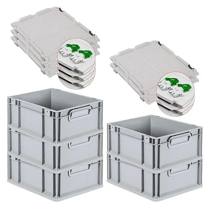 Proregal Euroboxen-Set 5x Eurobox NextGen Economy mit Scharnierdeckel und grünen Verschlüssen - L x B x H: 40 x 30 x 17 cm, Kunststoff, Grau, 5 Stk. - Stapelbare Eurobehälter aus Kunststoff und passende Deckel für effiziente Lagerung und Transport.