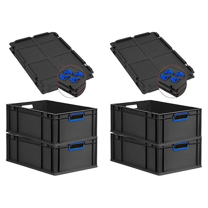 Proregal Euroboxen-Set 4x Eurobox NextGen Color mit Auflagedeckel und Schiebeschnappverschlüsse - L x B x H: 60 x 40 x 22 cm, Kunststoff, Schwarz, Blau, 4 Stk. - Dunkelgraue Eurobehälter mit blauen Griffen und zugehörigen Deckeln mit blauen Verbindungselementen.