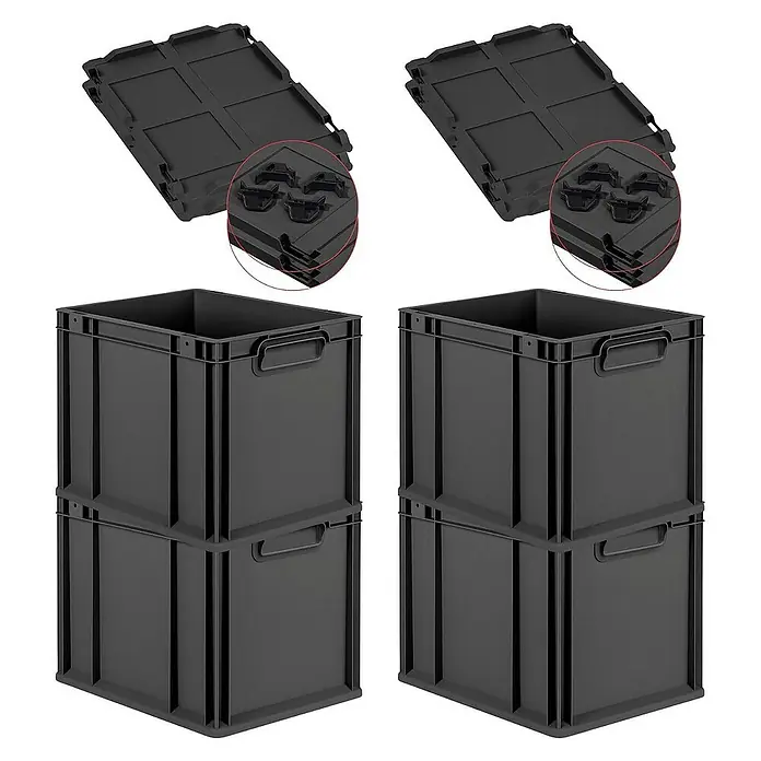 Proregal Euroboxen-Set 4x Eurobox NextGen Grip mit Auflagedeckel inkl. 4 schwarzen Verschlüssen - Kunststoff, Schwarz, 4 Stk. - Zwei Stapel schwarzer Kunststoffkisten mit Deckeln, ideal für die Lagerung und Organisation im Haushalt oder im Büro.