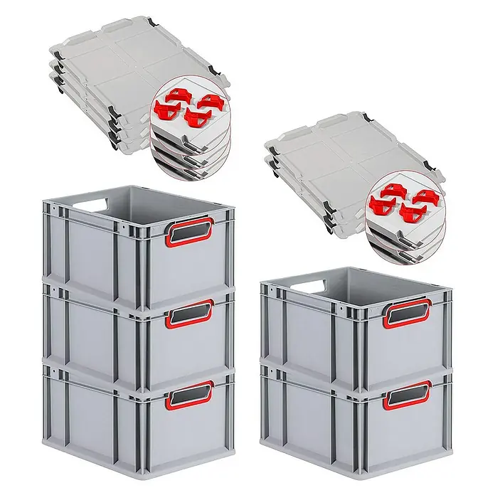 Proregal Euroboxen-Set 5x Eurobox NextGen Color mit Auflagedeckel und Schiebeschnappverschlüsse - L x B x H: 40 x 30 x 22 cm, Kunststoff, Grau, Rot, 5 Stk. - Bild von grauen Eurobehältern mit Deckeln und roten Halterungen. Die Euroboxen sind stapelbar und ideal für Lagerung und Transport.