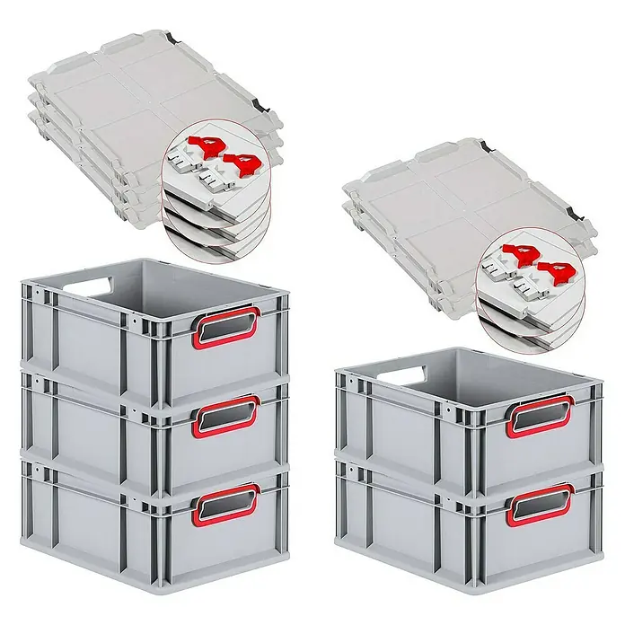SuperSparSet 5x Eurobox NextGen Color mit Scharnierdeckel und Schiebeschnappverschlüssen | HxBxT 17x30x40cm | 16 Liter | Grau | Griffe rot offen | Glatter Boden | Eurobehälter, Transportbox, Transportbehälter, Stapelbehälter -  - Auf dem Bild sind graue Lagerboxen mit roten Griffen und dazugehörige Deckel zu sehen.